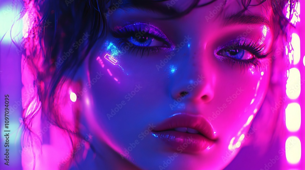 A stunningly vibrant image of a female dancer enveloped in the ethereal glow of neon lights. Her captivating gaze and elaborate fluorescent makeup create a mesmerizing portrait of beauty A stunningly vibrant image of a female dancer enveloped in the ethereal glow of neon lights. Her captivating gaze and elaborate fluorescent makeup create a mesmerizing portrait of beauty