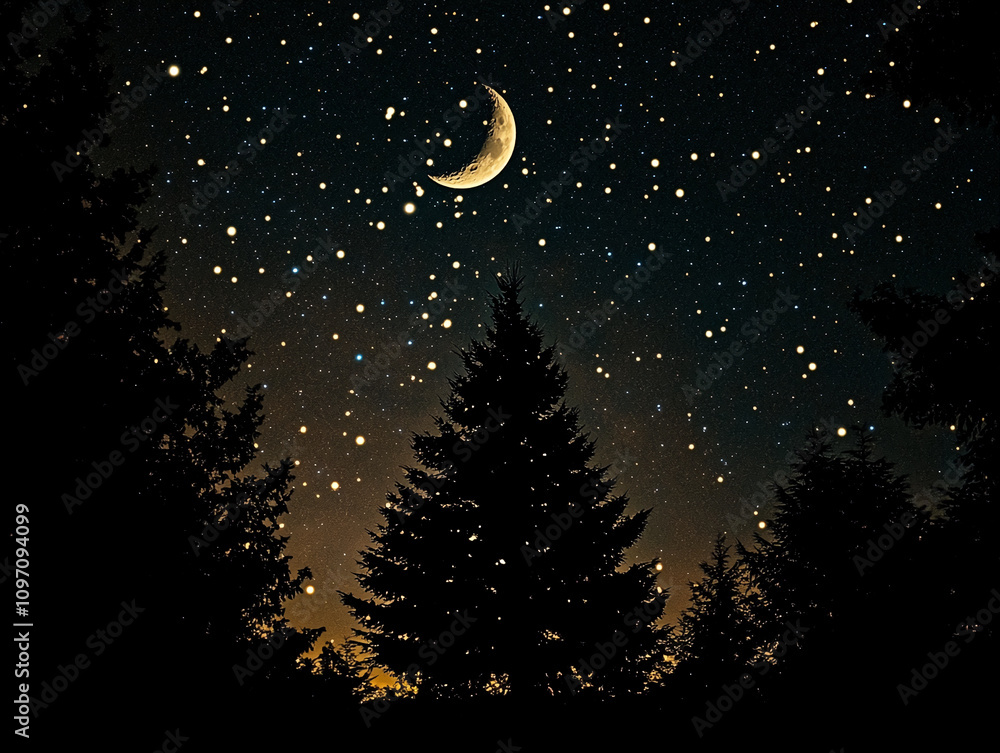 Naklejka premium Natural nighttime landscape featuring a crescent moon and starry sky above silhouetted trees