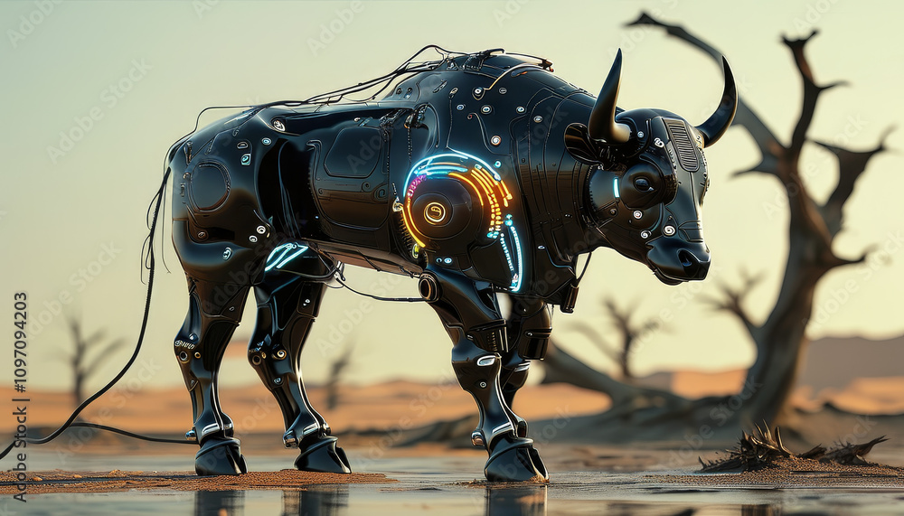 a black futuristic cyborg angry black bull walking in a desert with dead trees, cyborg black bull, cybernetic armour with wires and neon lights, majestic wildlife, cybergenic futuristic animal, techno a black futuristic cyborg angry black bull walking in a desert with dead trees, cyborg black bull, cybernetic armour with wires and neon lights, majestic wildlife, cybergenic futuristic animal, techno