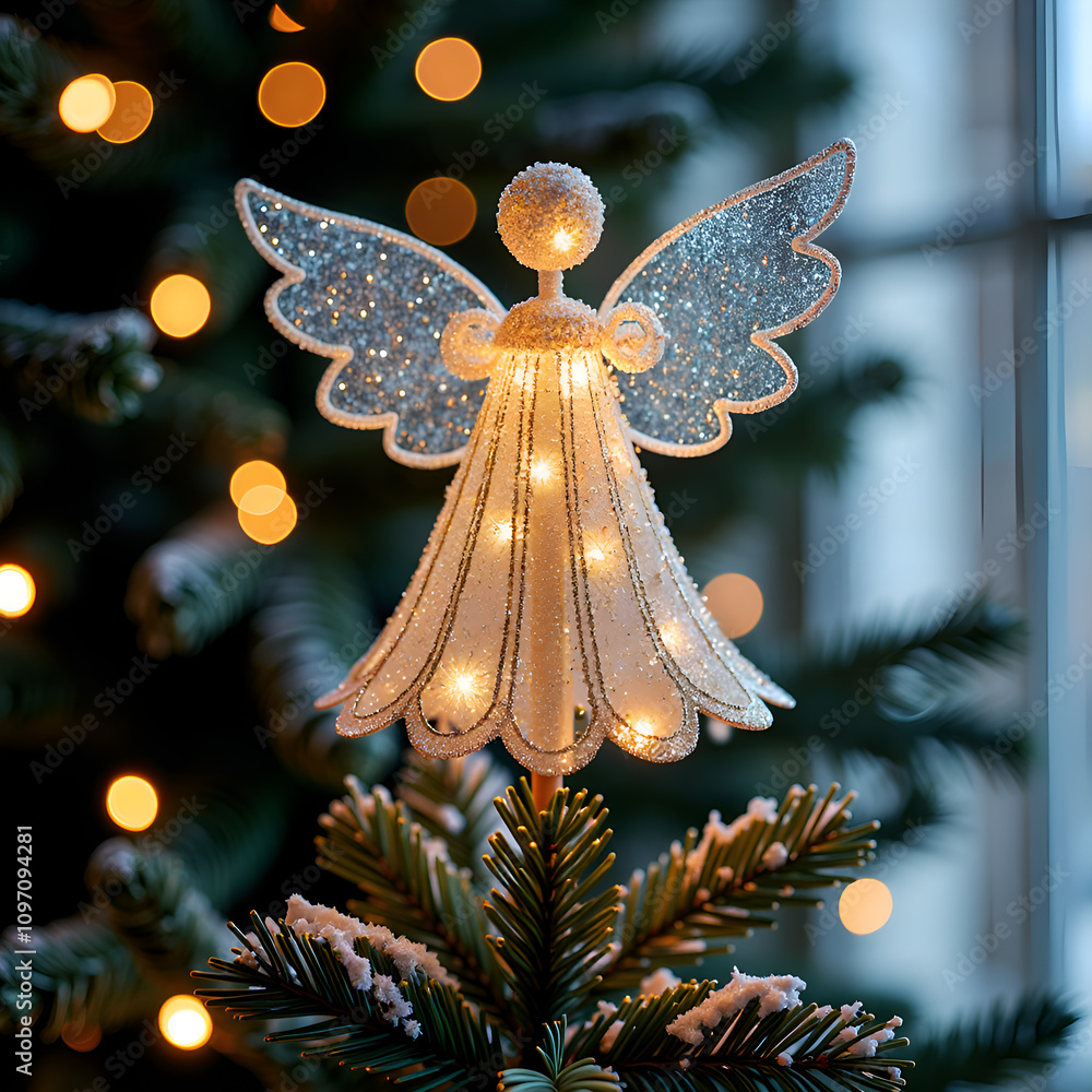 Sparkling angel tree topper illuminated among festive holiday lights, photography of still life concept. Sparkling angel tree topper illuminated among festive holiday lights, photography of still life concept.