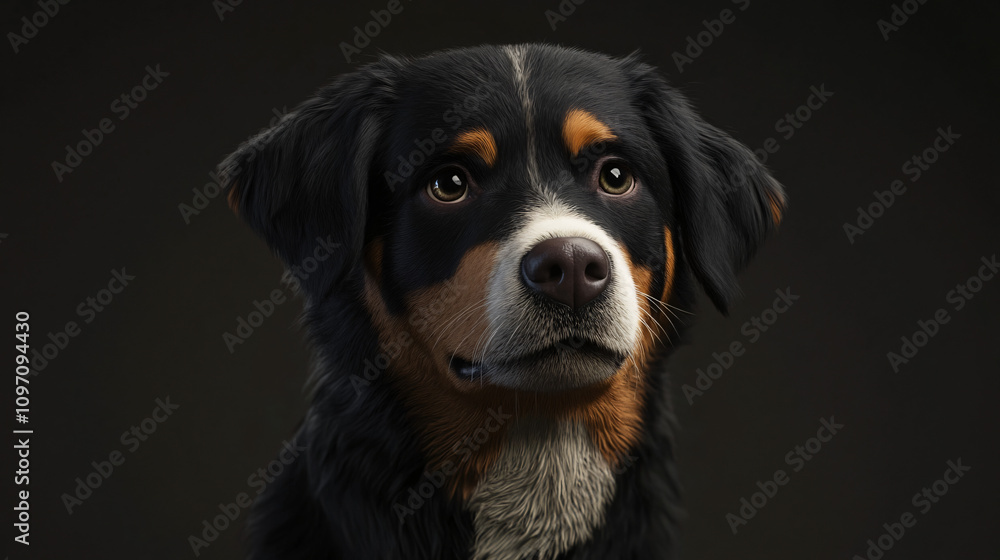Charming appenzeller sennenhund dog posing for a portrait with a stunning tri-color coat against a dark backdrop Charming appenzeller sennenhund dog posing for a portrait with a stunning tri-color coat against a dark backdrop