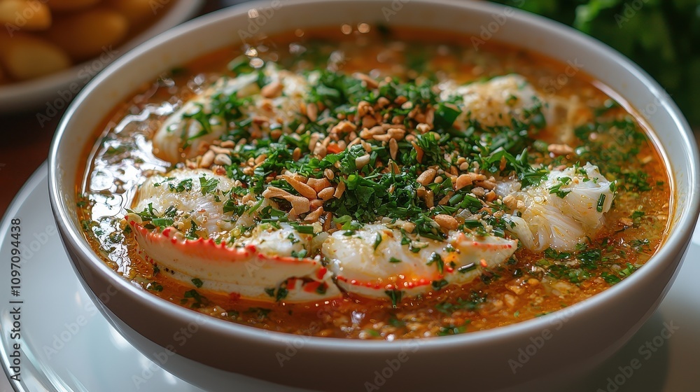Delicious seafood soup garnished with herbs and pine nuts in a bowl Delicious seafood soup garnished with herbs and pine nuts in a bowl