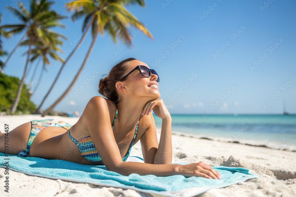 A woman enjoys a sunny day at the beach, lying on a towel with a relaxed pose and a smile. Surrounding her are palm trees and clear blue waters, creating a serene tropical atmosphere perfect for relax A woman enjoys a sunny day at the beach, lying on a towel with a relaxed pose and a smile. Surrounding her are palm trees and clear blue waters, creating a serene tropical atmosphere perfect for relax
