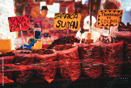 Dried fruits and chilis for save at a farmers market