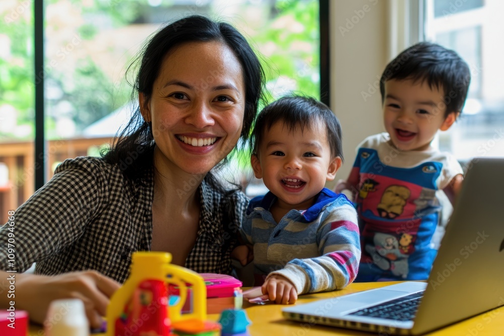 A joyful moment of a mother and her two children playing at home with toys and a laptop. A joyful moment of a mother and her two children playing at home with toys and a laptop.