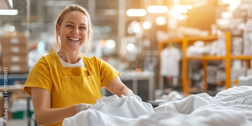 Smiling Factory Worker: A happy female worker in a yellow shirt smiles while inspecting white garments in a busy textile factory. The image conveys a sense of pride and satisfaction in her work. 