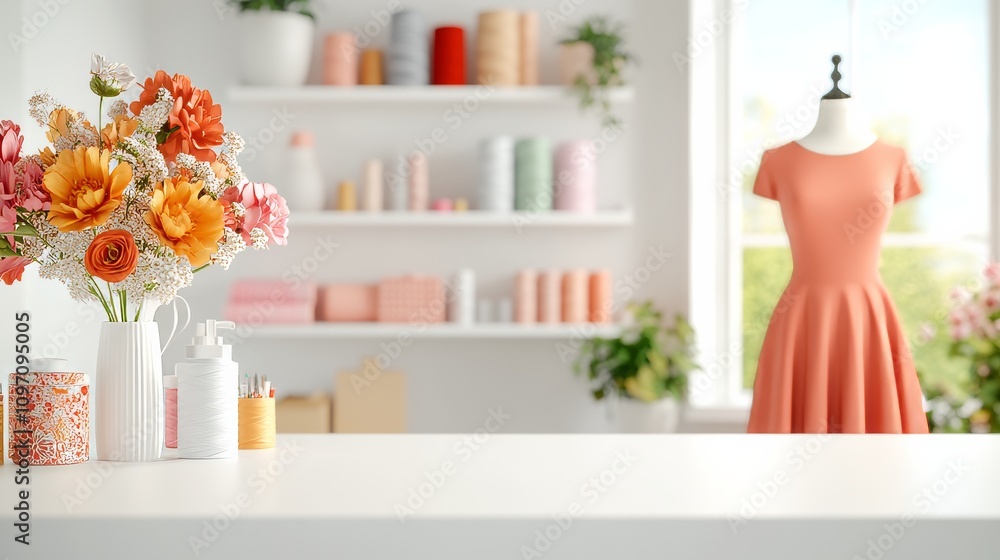 Floral Fashion Studio: A coral dress on a mannequin stands near a vase of vibrant flowers in a bright, airy studio. Perfect for fashion, floral, and lifestyle blogs. Floral Fashion Studio: A coral dress on a mannequin stands near a vase of vibrant flowers in a bright, airy studio. Perfect for fashion, floral, and lifestyle blogs.