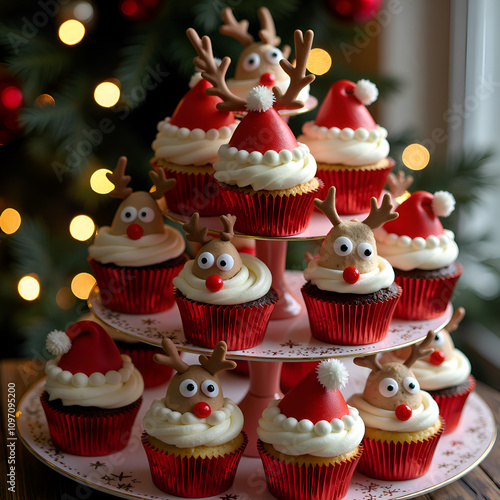 Cheerful christmas cupcakes with reindeer and santa themes on a decorative stand, photography of still life concept.