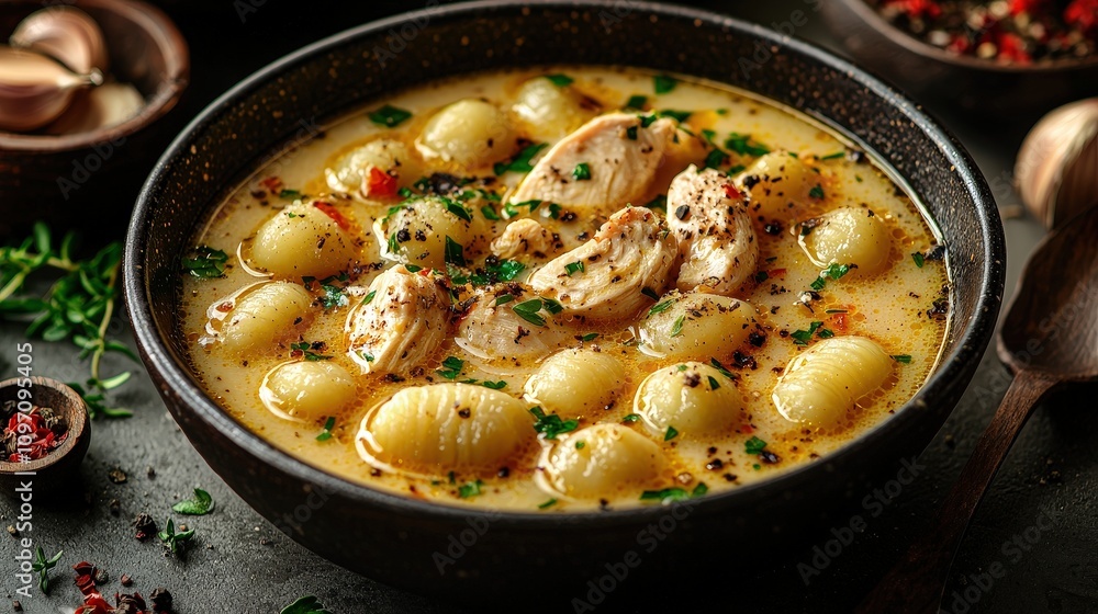 Creamy chicken gnocchi soup in rustic bowl with herbs and pepper Creamy chicken gnocchi soup in rustic bowl with herbs and pepper
