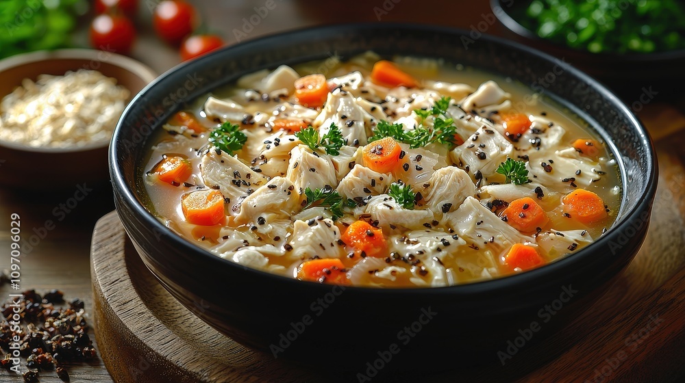 Hearty chicken soup with vegetables and herbs in a rustic bowl setting Hearty chicken soup with vegetables and herbs in a rustic bowl setting