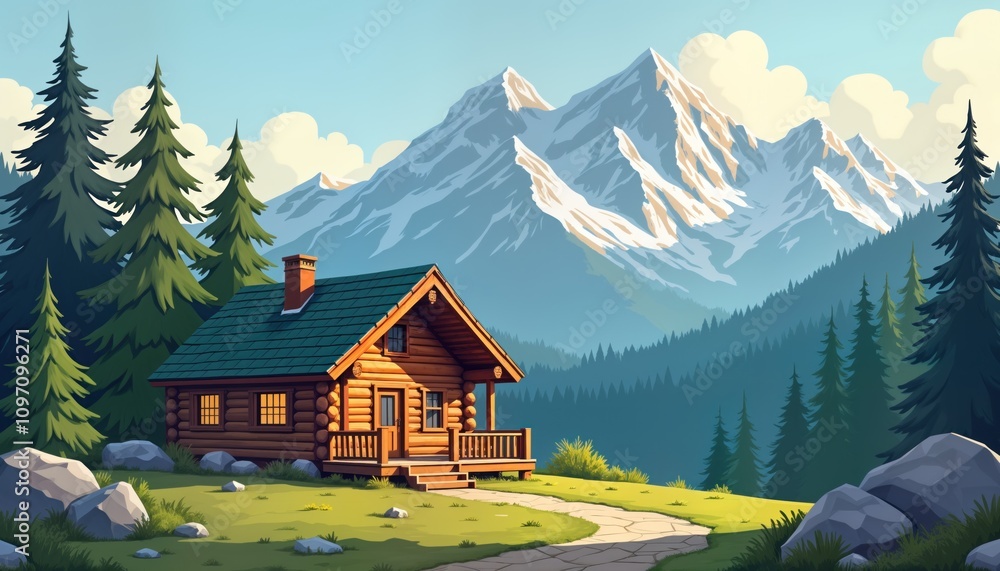 Fototapeta premium Wooden log cabin stands in mountain valley. Green meadow surrounds house. Snowy mountain peaks form scenic background. Pine trees frame rural scene. Path leads to cozy chalet.