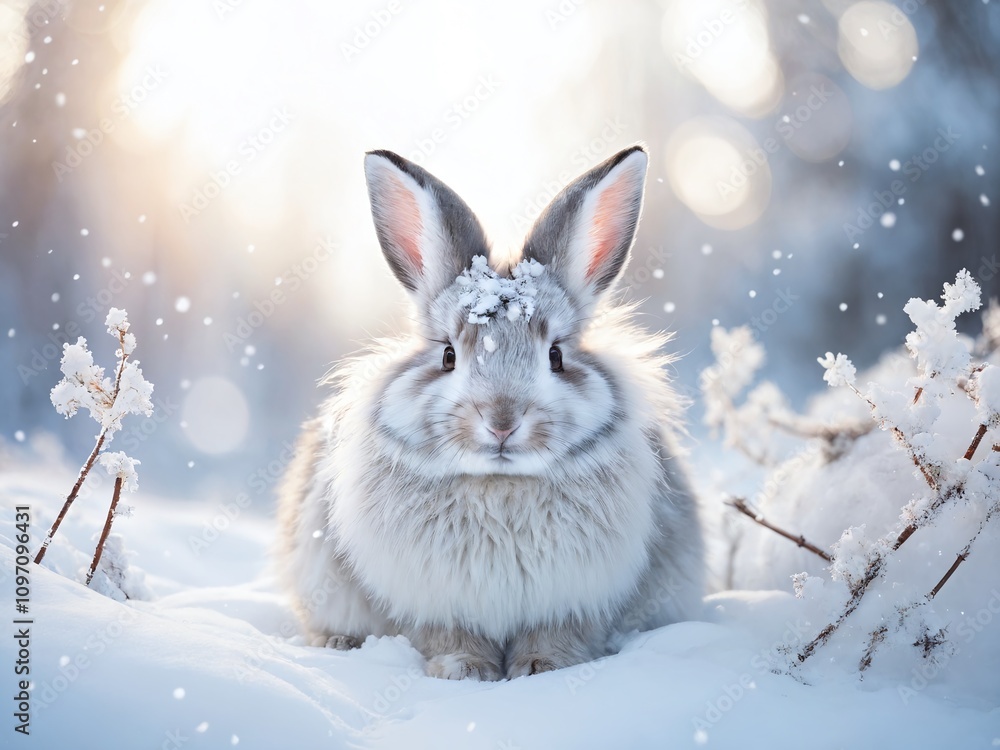 Fluffy rabbit sitting in snow with a light snowfall in a serene winter landscape Fluffy rabbit sitting in snow with a light snowfall in a serene winter landscape