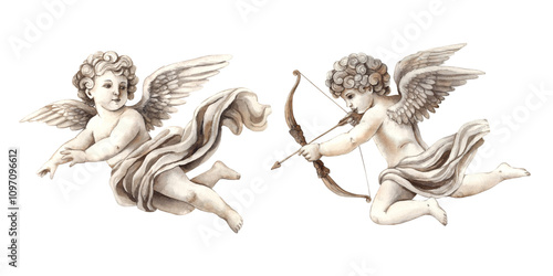 Cherub angels cupids of love, set of two cupids made of ceramic material. Watercolor illustration in vintage style, suitable for wedding, Valentine's Day, anniversary, cards, posters and banner photo