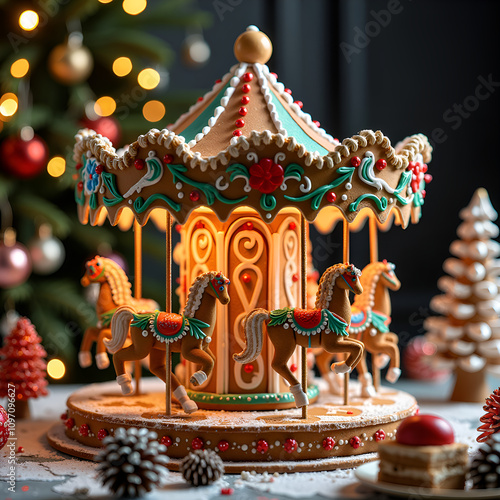 Whimsical gingerbread carousel adorned with festive decorations and warm lights, photography of still life concept. photo