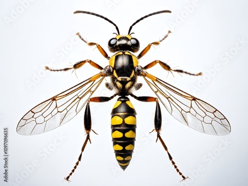 Close-up view of a wasp showcasing intricate details and vibrant colors in a studio setting photo