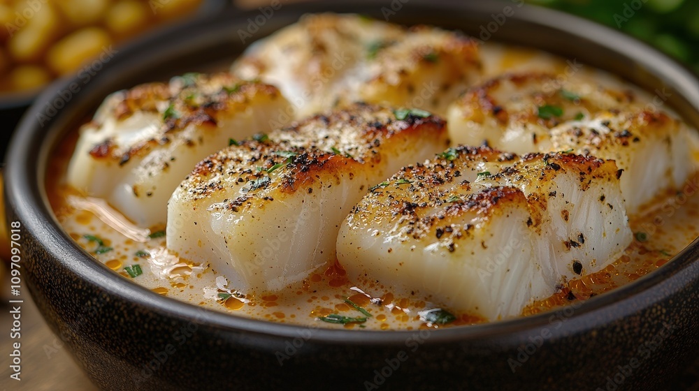 Grilled garlic butter cod with herbs in rustic black bowl Grilled garlic butter cod with herbs in rustic black bowl