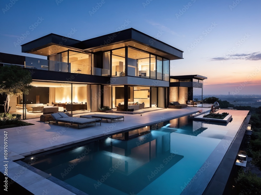 Fototapeta premium Modern hillside villa with luxurious outdoor pool and sunset view in warm evening light