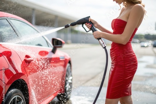 A woman wearing a fitted red dress sprays water on a shiny red car at an outdoor car wash. The scene captures the sunlight reflecting off the vehicle, highlighting the sparkling water droplets and det photo