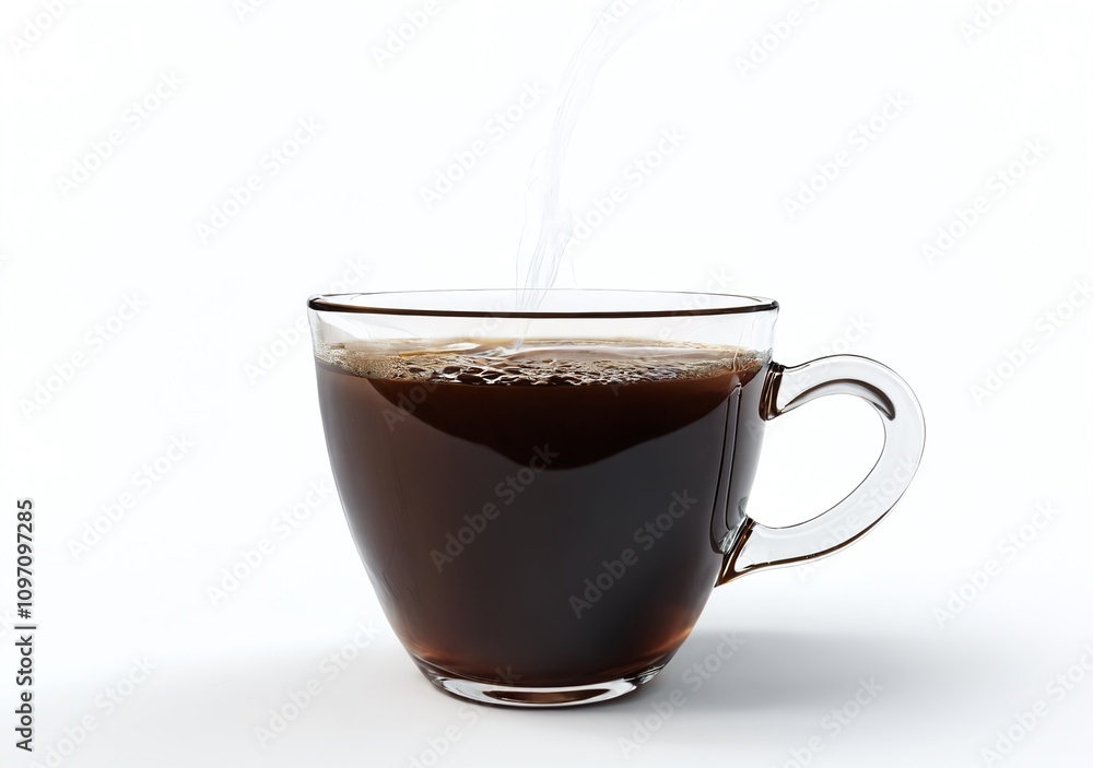 Freshly brewed coffee in a transparent cup with steam rising, served in a cozy setting Freshly brewed coffee in a transparent cup with steam rising, served in a cozy setting