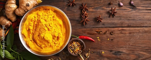 Rich yellow turmeric paste with fresh ginger and spices on wooden table