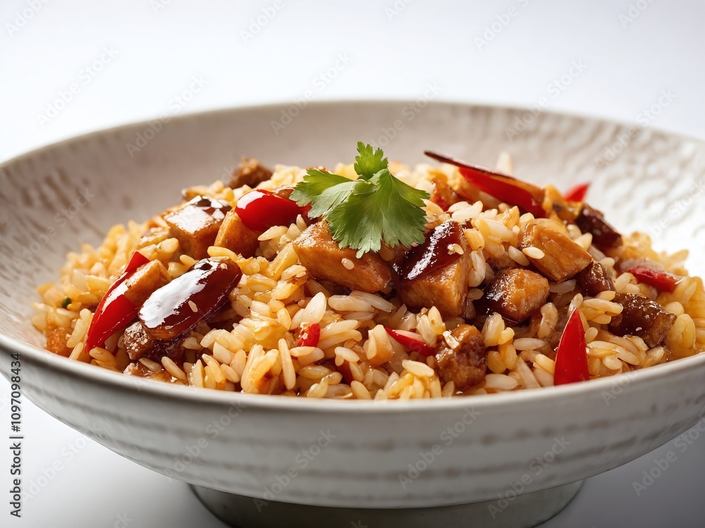 Delicious rice dish with chicken, peppers, and coriander on a white background Delicious rice dish with chicken, peppers, and coriander on a white background