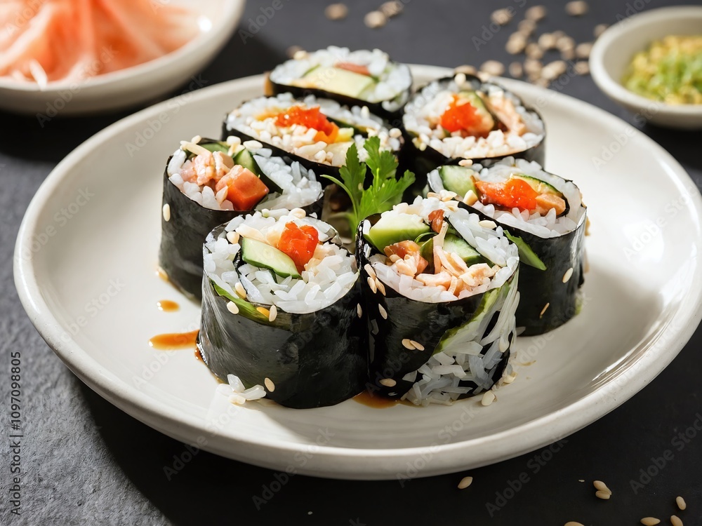 Delicious sushi rolls arranged on a plate with fresh ingredients and dipping sauce in a cozy dining setting Delicious sushi rolls arranged on a plate with fresh ingredients and dipping sauce in a cozy dining setting