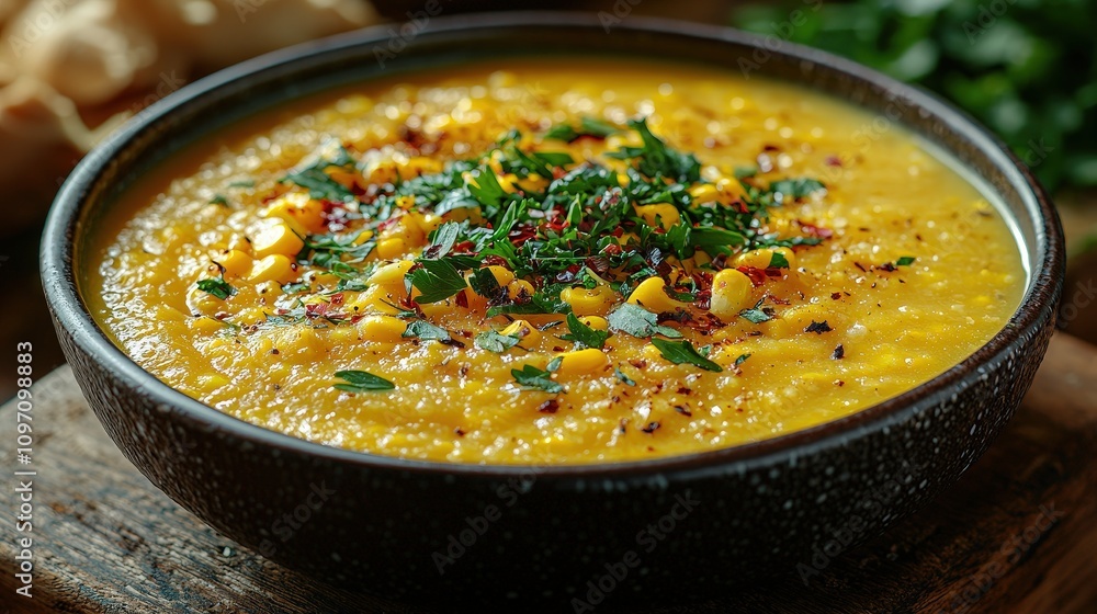 Creamy corn soup garnished with fresh herbs for a cozy comfort meal Creamy corn soup garnished with fresh herbs for a cozy comfort meal