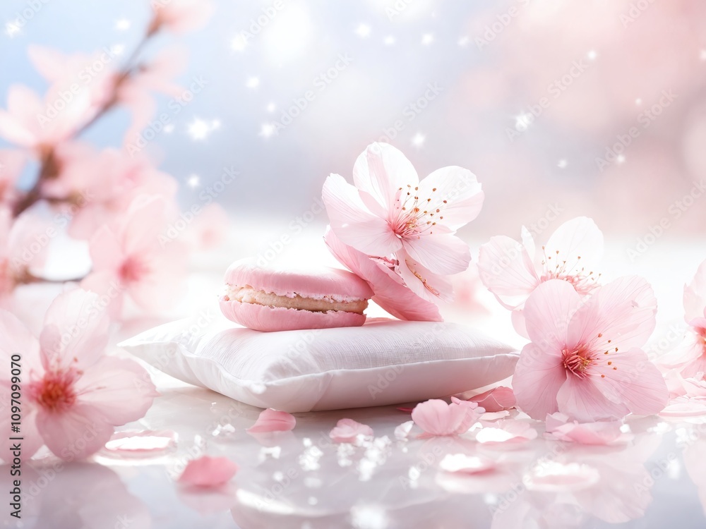 Delicate pink macarons and cherry blossoms on a soft white cushion in a serene setting Delicate pink macarons and cherry blossoms on a soft white cushion in a serene setting