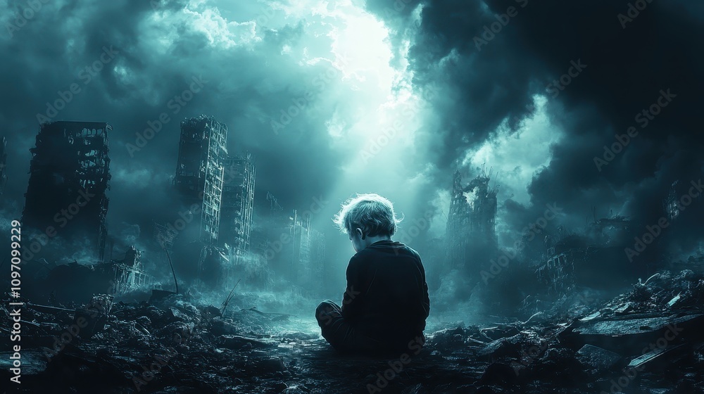 Surreal scene of a child in a post-apocalyptic landscape emotional impact digital art dramatic lighting reflection on hope Surreal scene of a child in a post-apocalyptic landscape emotional impact digital art dramatic lighting reflection on hope