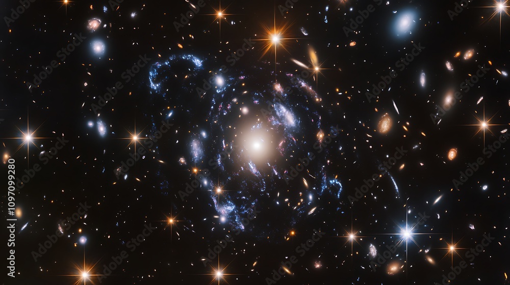 Fototapeta premium Swirling galaxy cluster in cosmic dust
