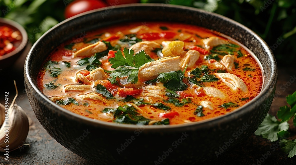 Spicy chicken soup with vegetables and herbs in rustic bowl Spicy chicken soup with vegetables and herbs in rustic bowl