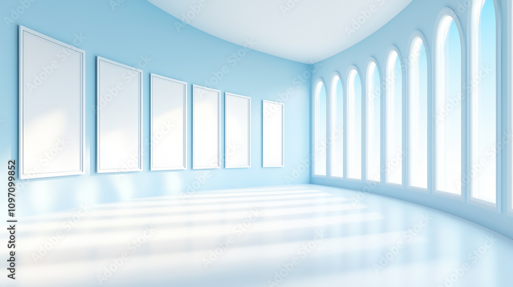 Obraz premium Bright gallery space with empty frames and curved walls