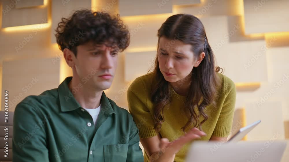 Woman supervisor explaining mistake to man trainee at workplace closeup. Woman supervisor explaining mistake to man trainee at workplace closeup.