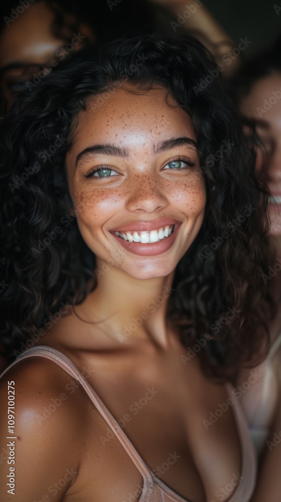 Smiling woman with freckles and curly hair is in the foreground, well-lit. Concept of happiness and natural beauty. For lifestyle or beauty branding. Smiling woman with freckles and curly hair is in the foreground, well-lit. Concept of happiness and natural beauty. For lifestyle or beauty branding.