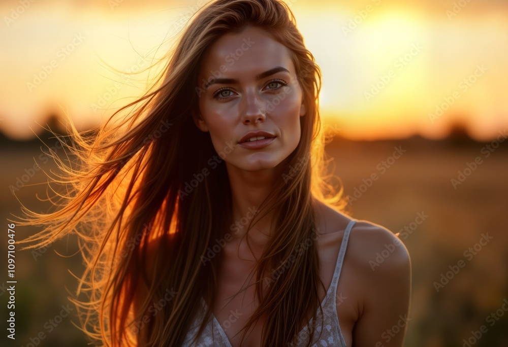 Brunette woman long hair sunset field. Girl summer fashion outdoors. Teenage model beauty nature. Closeup smiling face looking. Blonde hair wind blows. Brunette woman long hair sunset field. Girl summer fashion outdoors. Teenage model beauty nature. Closeup smiling face looking. Blonde hair wind blows.
