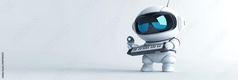 A cute robot character playing a keyboard in a minimalistic setting. A cute robot character playing a keyboard in a minimalistic setting.