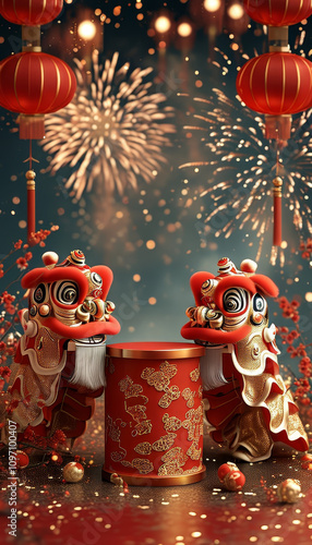 red and golden product presentation podium mock up surrounded by Tết Fireworks and Lion Dance Decor, lunar new year celebration, golden fireworks in the background, happy new year, ad, podium platform