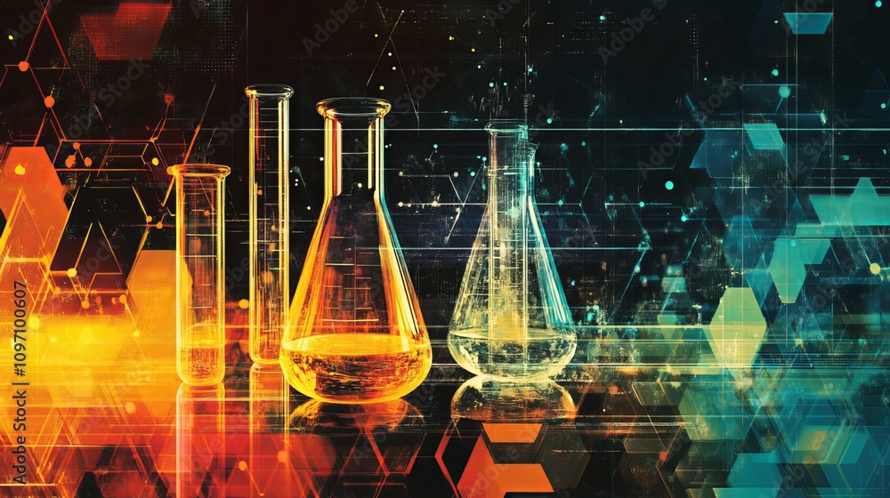 Chemistry laboratory with glassy flask and transparent vial on a colorful digital abstract backdrop. Chemistry laboratory with glassy flask and transparent vial on a colorful digital abstract backdrop.