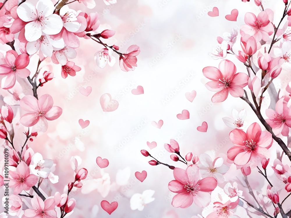 Pink cherry blossom branches adorned with heart shapes create a romantic atmosphere for spring celebrations Pink cherry blossom branches adorned with heart shapes create a romantic atmosphere for spring celebrations