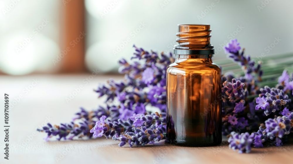 A brown glass bottle surrounded by lavender flowers, suggesting aromatherapy or relaxation. A brown glass bottle surrounded by lavender flowers, suggesting aromatherapy or relaxation.