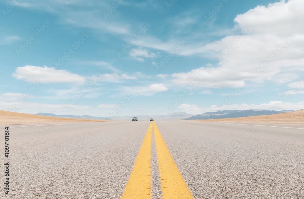 Fototapeta premium A straight highway stretching into the horizon, photographed from ground level, with a lone car in the distance under a dramatic cloudy sky