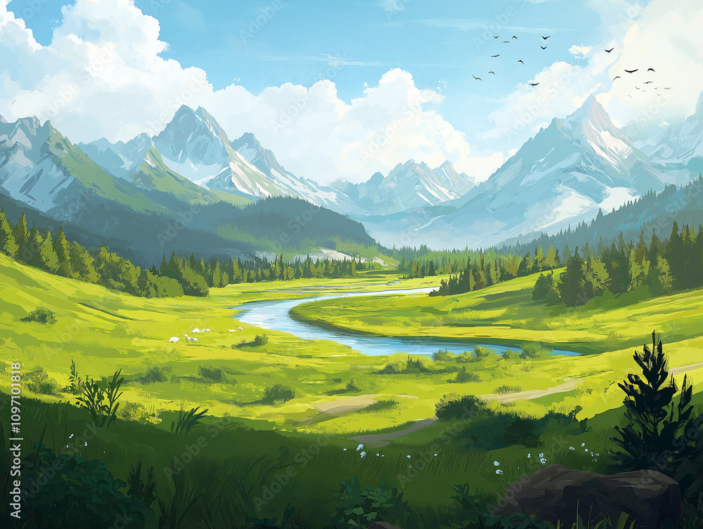 Grüne Hügel mit Fluss und Sonne im Hintergrund
Grüne Hügel mit Fluss und Sonne im Hintergrund