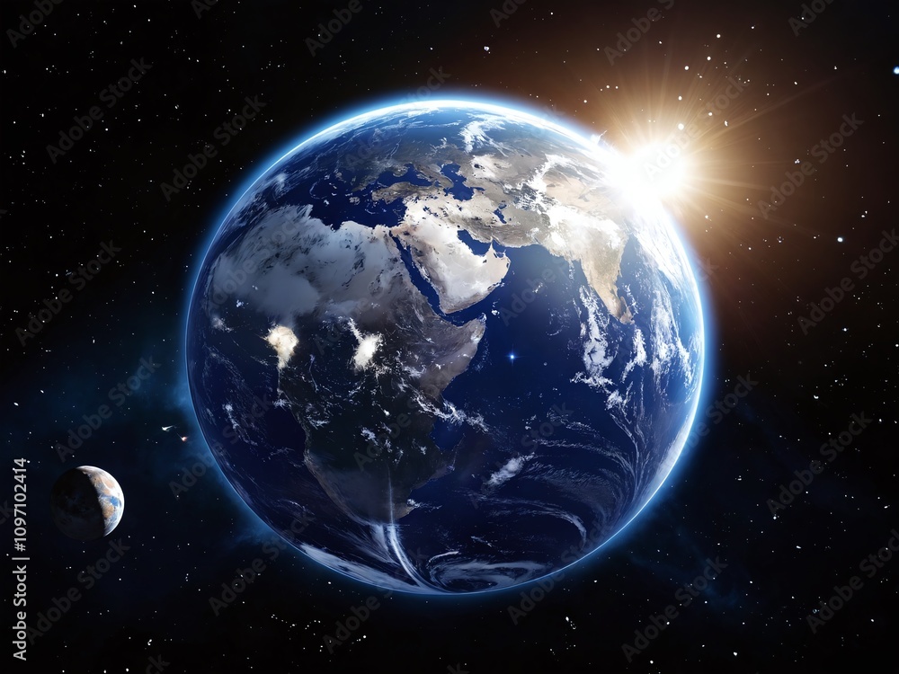 Fototapeta premium Earth illuminated by sunlight with the moon visible in the distance during a cosmic moment