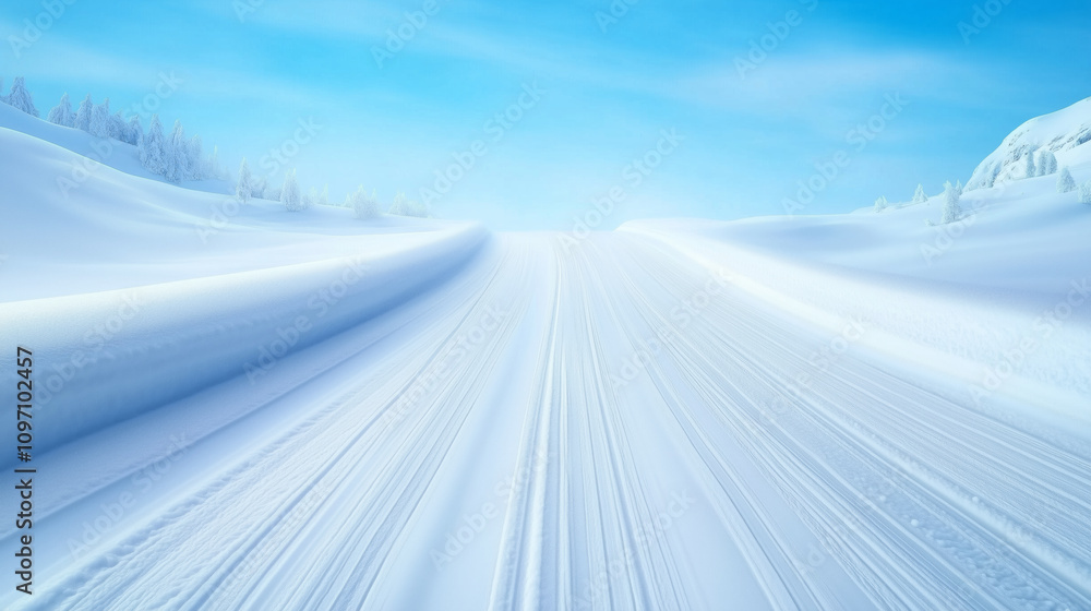Snowy road stretches into the horizon on a clear day Snowy road stretches into the horizon on a clear day