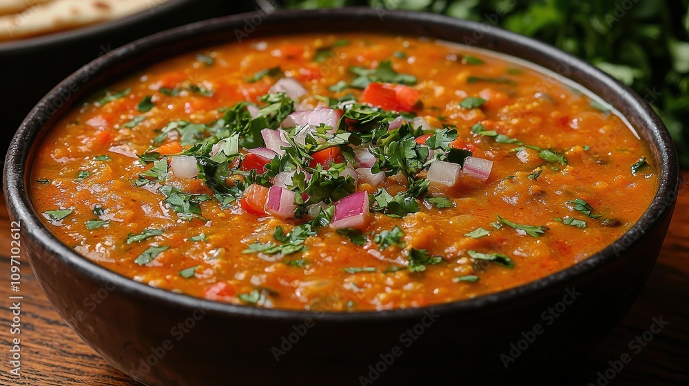 Spicy indian curry with fresh cilantro and red onion garnish in a bowl Spicy indian curry with fresh cilantro and red onion garnish in a bowl