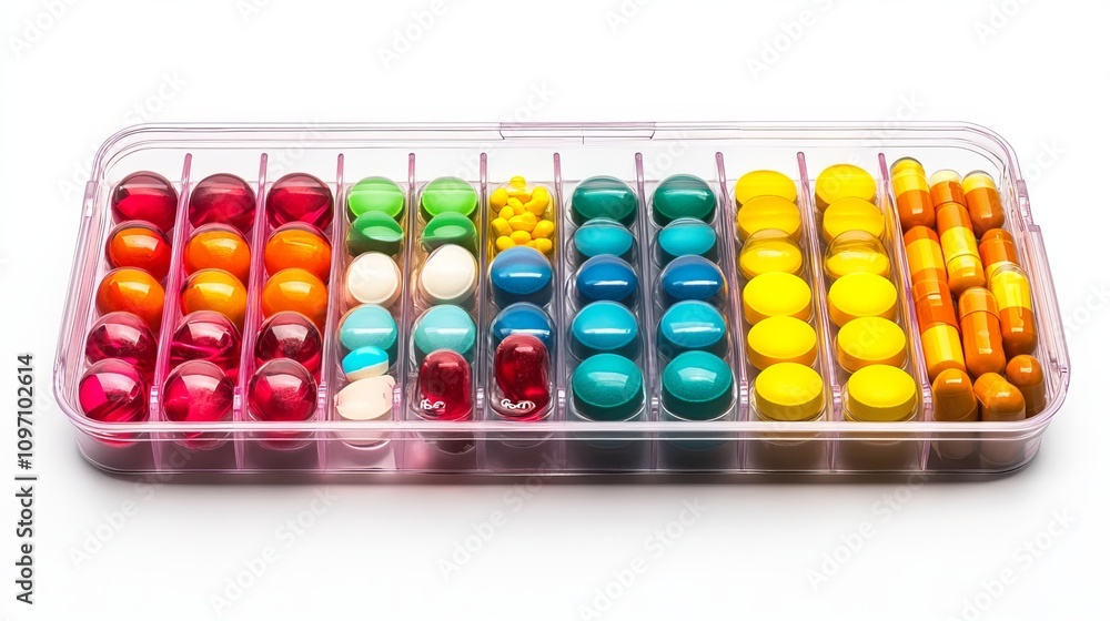 Daily pill box with colorful pills, tablets, and capsules. Medication for treatment and cure of diseases, isolated on white background with copy space. Daily pill box with colorful pills, tablets, and capsules. Medication for treatment and cure of diseases, isolated on white background with copy space.