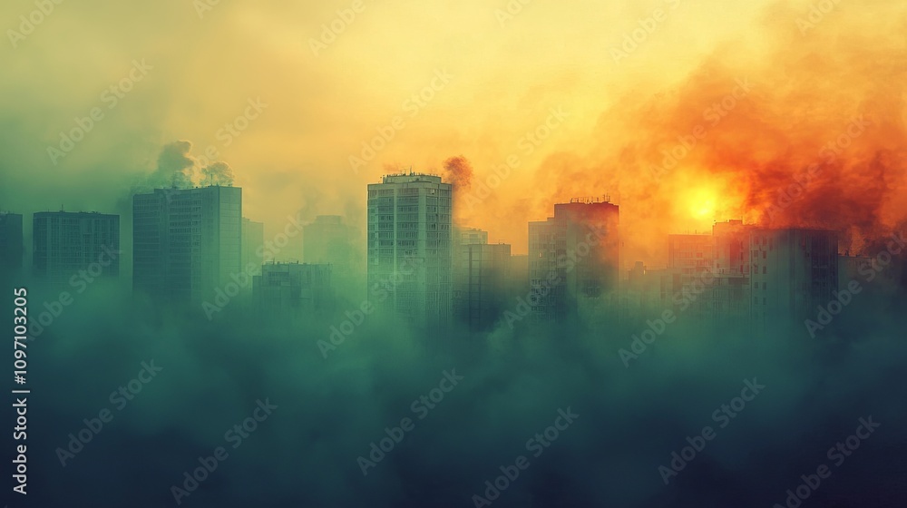 Fototapeta premium Urban skyline shrouded in fog with a dramatic sunset casting orange hues, creating a haunting atmosphere.