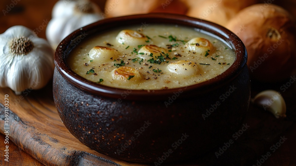 Creamy roasted garlic soup in rustic brown bowl with fresh herbs Creamy roasted garlic soup in rustic brown bowl with fresh herbs