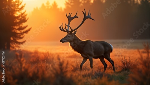 Wallpaper Mural Red deer stag walks in misty meadow at sunrise. Large antlered buck in autumn woodland. Wildlife animal in nature. Horned mammal silhouette. Forest cervid. Torontodigital.ca