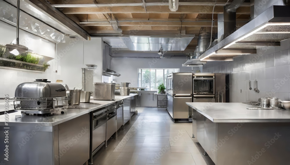 Modern empty restaurant kitchen featuring professional-grade equipment, stainless steel surfaces, cooking appliances, storage systems, and ample workspace for chefs, designed for efficient Modern empty restaurant kitchen featuring professional-grade equipment, stainless steel surfaces, cooking appliances, storage systems, and ample workspace for chefs, designed for efficient